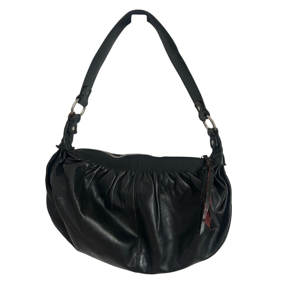 Francesco Biasia Black Leather Shoulder Bag – Made in Italy Ruched Slouchy Hobo